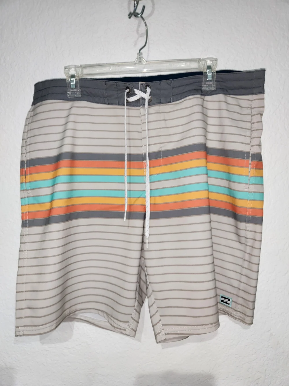 Billabong Men's Beige Swim Board Shorts with Orange & Teal Stripes